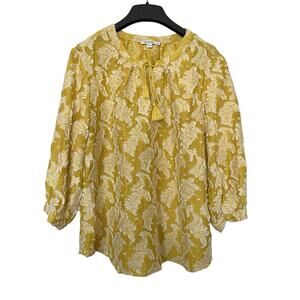 Chicos Womens Floral Textured Blouse Top Size 16 Yellow Tassel Bohemian Boxy